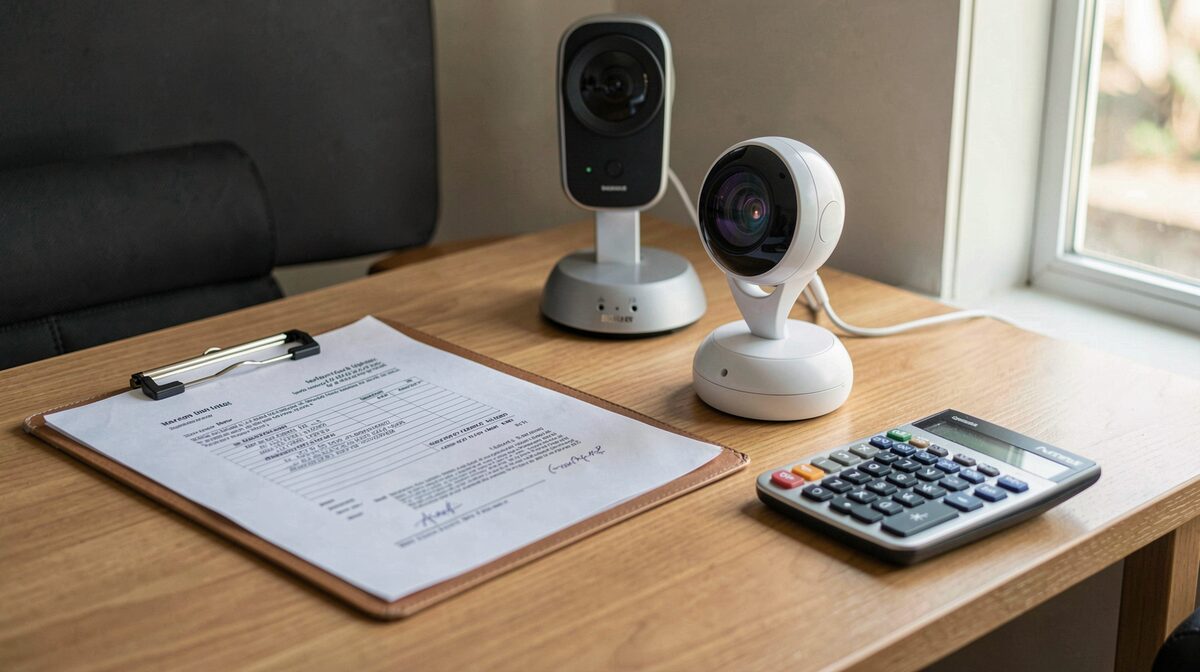 Een atelierbureau met een facturenmap, een rotorkop voor panorama's en een rekenmachine, daglicht van opzij.