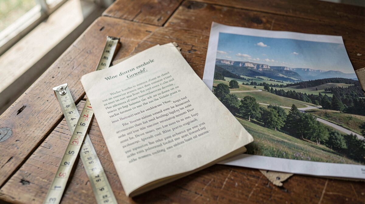 Een leesbrief op een houten tafel naast een meetlint en een printed panorama, daglicht van links, van bovenaf gekaderd.