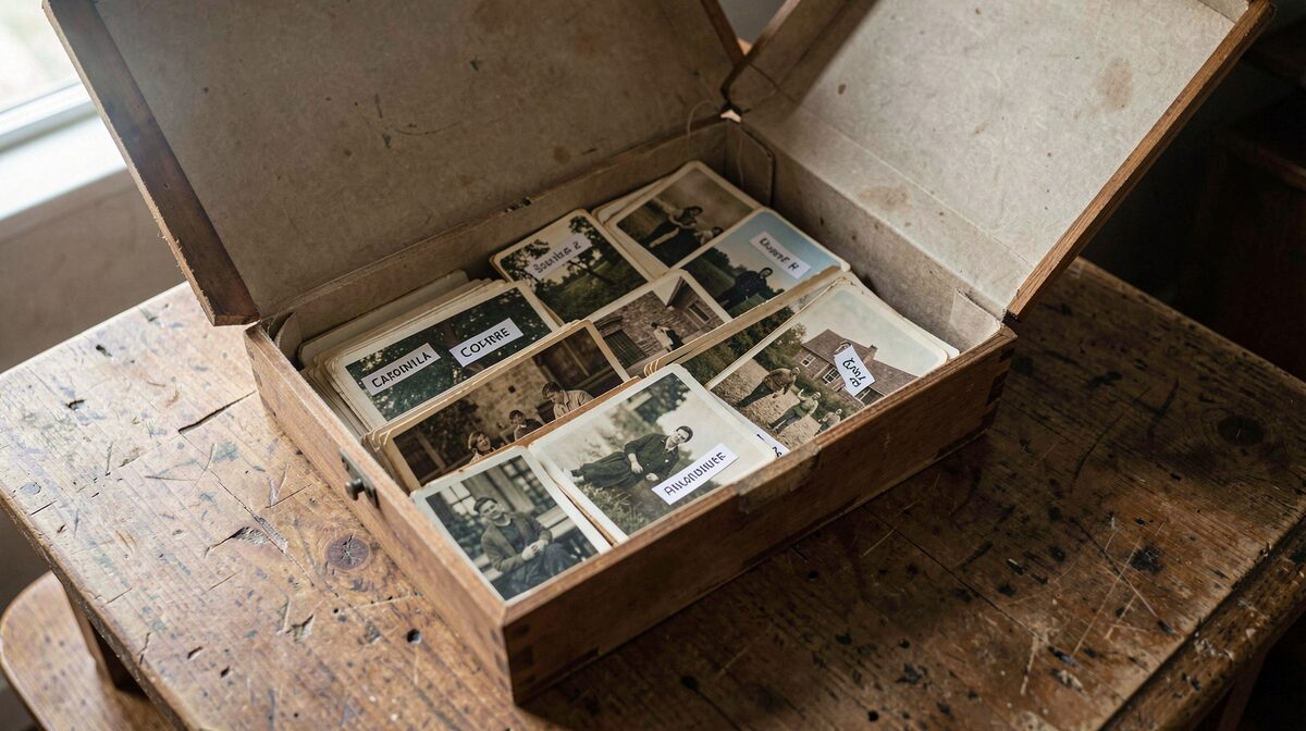 Een open archiefdoos met gelabelde oude foto's op een houten tafel, ochtendlicht uit een zijraam, van boven gefotografeerd.