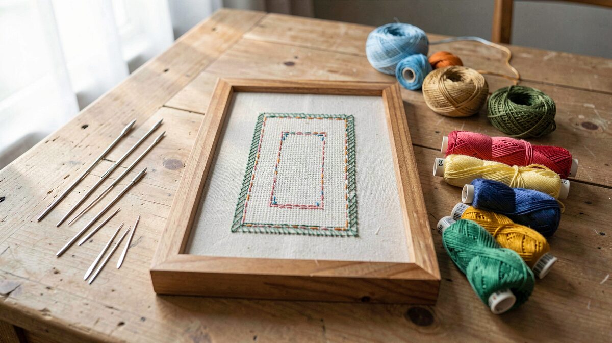 Een borduursalontafel bij daglicht met een rechthoekig werkstuk op een kader, naalden en gekleurde garensappels erlangs, van bovenaf in het midden geframeerd.