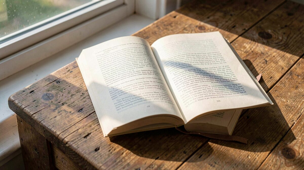 Een open boek op een houten tafel bij een raam, ochtendlicht over de bladzijden, strak kader van bovenaf.