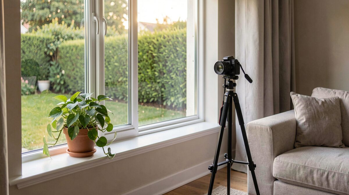 Een woonkamer met een groot raam, een groene plant op de vensterbank, zicht op een tuin met een haag, statief met camera op stabiele werkhoogte, zacht namiddaglicht van buiten.