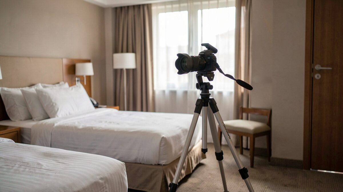 Een hotelkamer in de vroege voormiddag, statief met panoramacamera op ooghoogte naast het bed, zacht daglicht door het raam, de deur van de kamer zichtbaar in de rechterhoek.