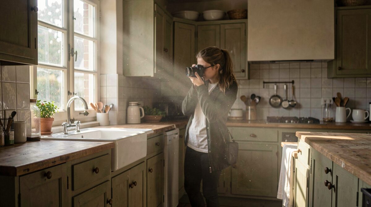 Een lege keuken in een Vlaamse woning, de ochtendzon schuin door het raam, de fotograaf kijkt naar een zichtbare lichtstraal met zwevend stof.