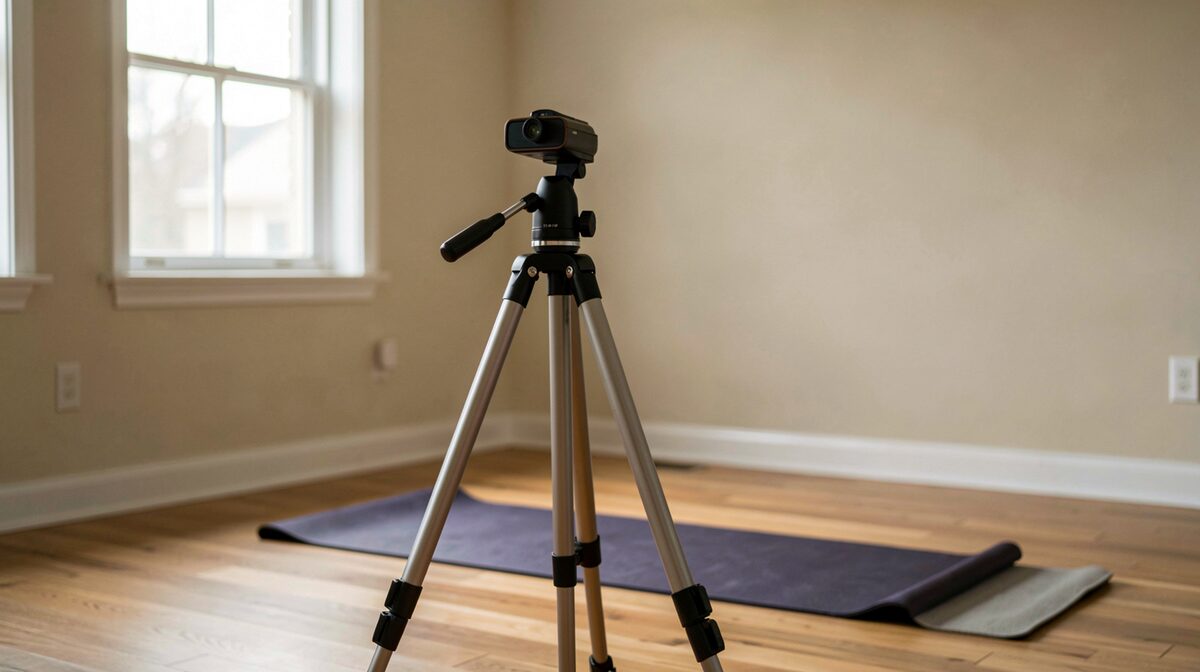 Een statief met panoramakop in een lege kamer, ochtendlicht door een raam, in de hoek een yogamat uitgerold voor bruggetsjes.