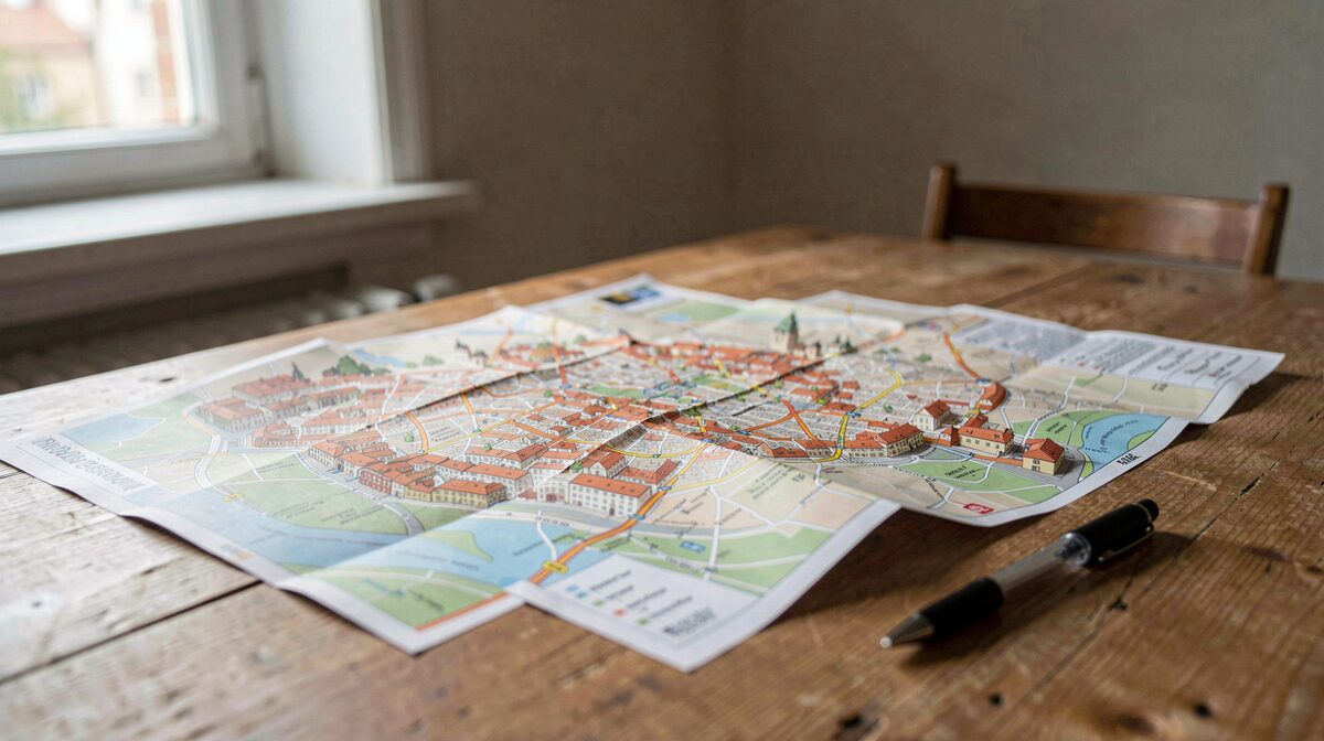 Een opgeklapte stadskaart van Praag op een houten tafel, met een pen bij de oude stad, daglicht van opzij door een raam.