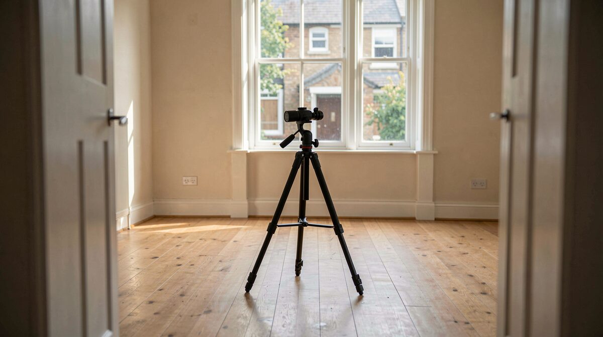 Een lege woonkamer in een rijwoning, namiddaglicht door een groot raam, houten vloer, een statief met panoramakop in het midden van de kamer, gezien vanaf de deuropening op ooghoogte.