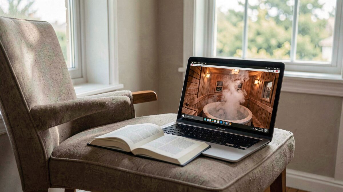 Een leesstoel bij een raam op een voormiddag, met een open gids en een laptop met een panoramabeeld van een stoomruimte erop.