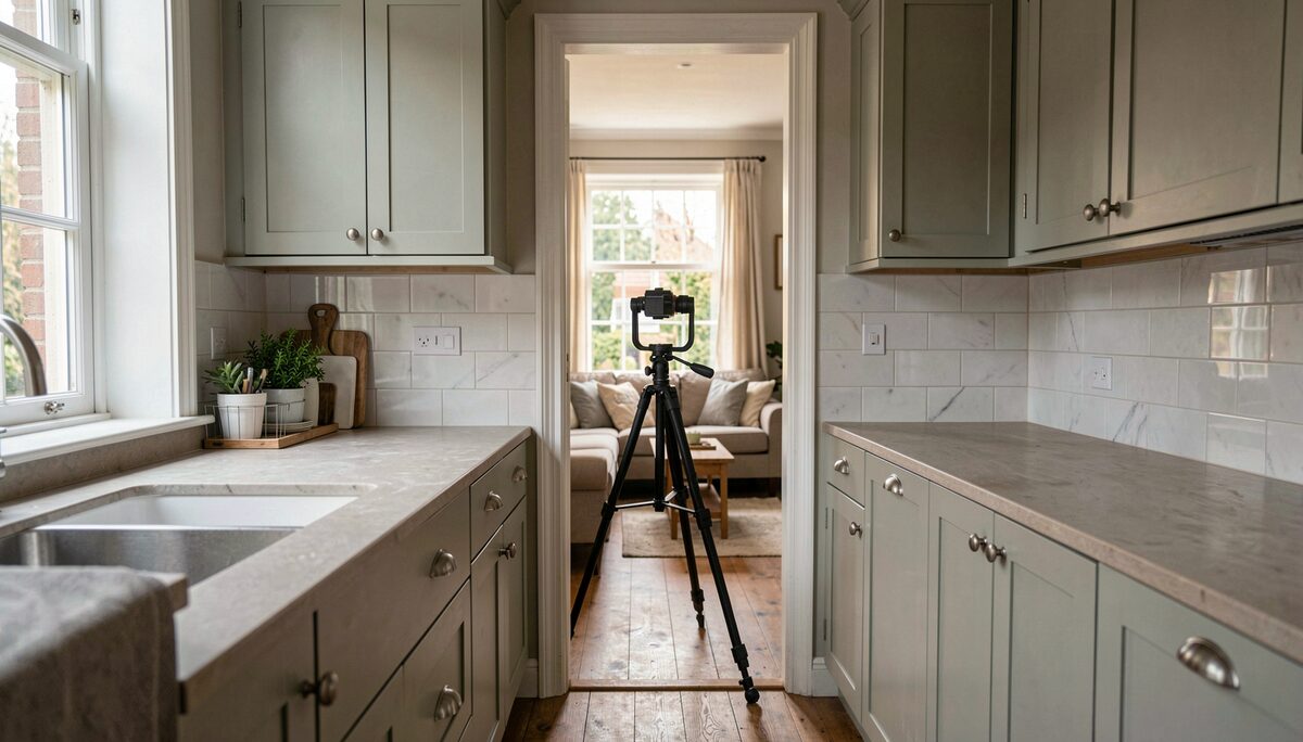 Een keuken in een rijwoning op een voormiddag, kastruimen dicht, aanrecht leeg, statief met panoramakop in de deuropening tussen keuken en living, daglicht van links.